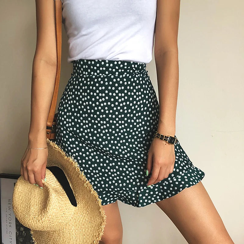 Summer female beach boho sexy mini skirt female 2022 womens Casual floral Printed ruffles hem High-Waist Skirt skirts for women